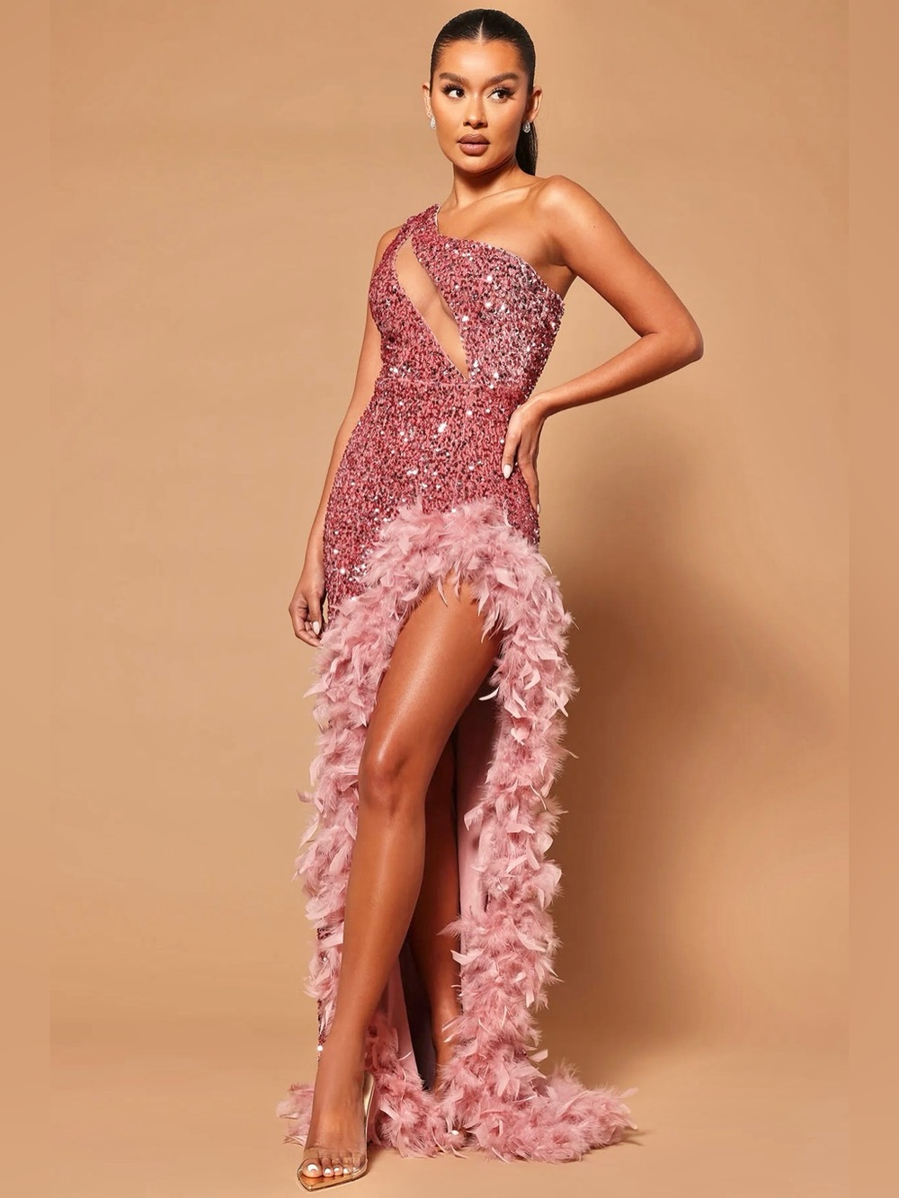 Fashion Nova Rose Pink One-Shoulder Sequin & Feather Trim Gown